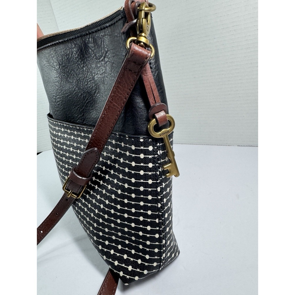 Fossil Crossbody Bag Fiona Coated Canvas And Leather Black & White Polka Dot - Picture 11 of 17